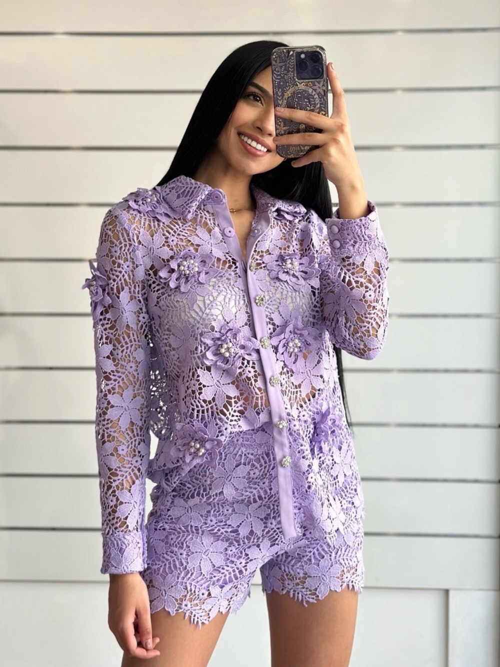 Lavender Floral lace short set Women